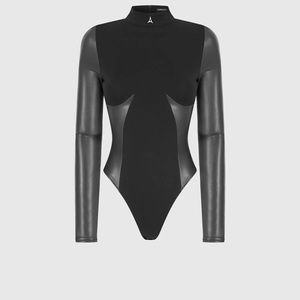 Black and leather high neck Maniere De Vior bodysuit. Size 8 in women’s.